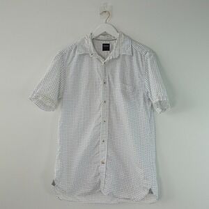 BENSON Shirt Men M Short Sleeve Polka Dots Button Down White Blue Preppy